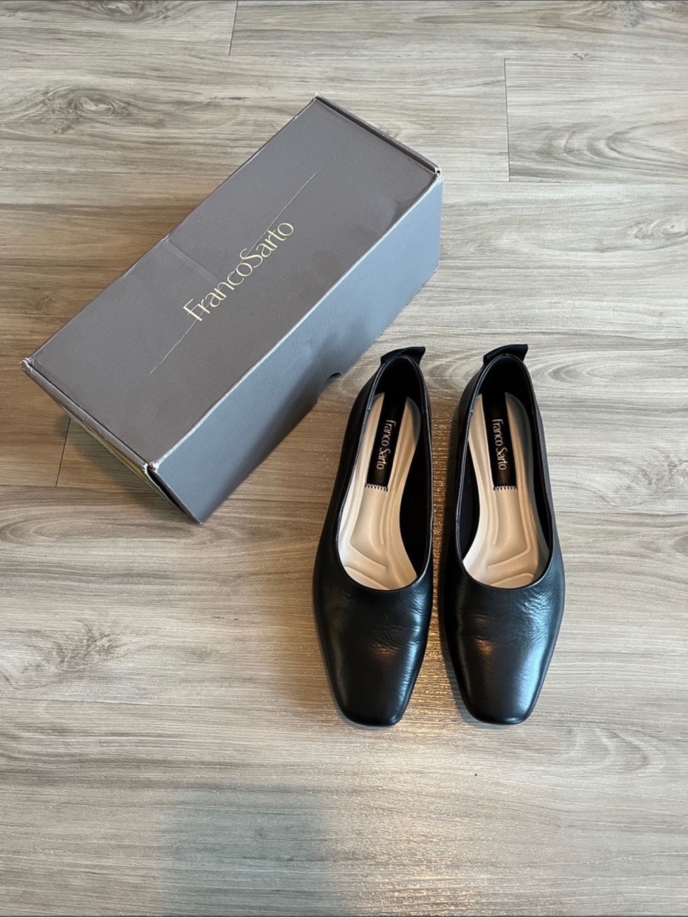 Franco Sarto Black Leather Square-Toe Ballet Flats